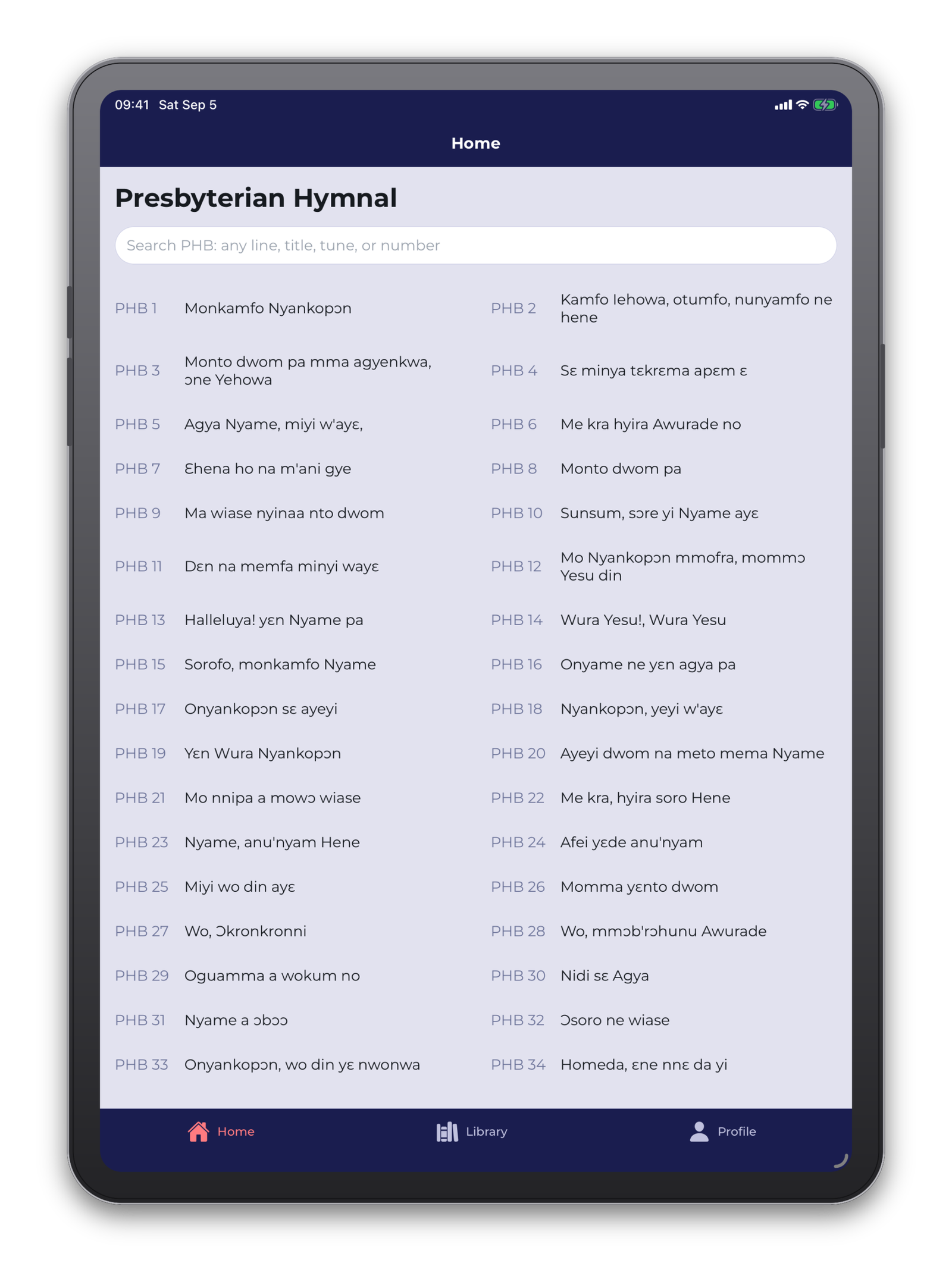 The library on iPad in Hymnphony